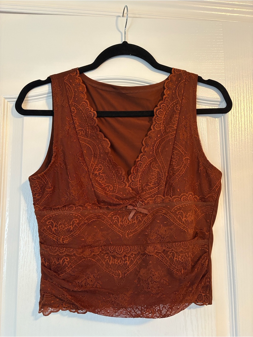 Cider Brown Lace-Trim Chemise with Bow Detail
